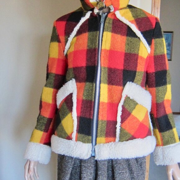 Vintage 70s LADY UTEX Retro Orange Plaid Wool Sherpa Bomber Jacket Canada - Picture 7 of 10